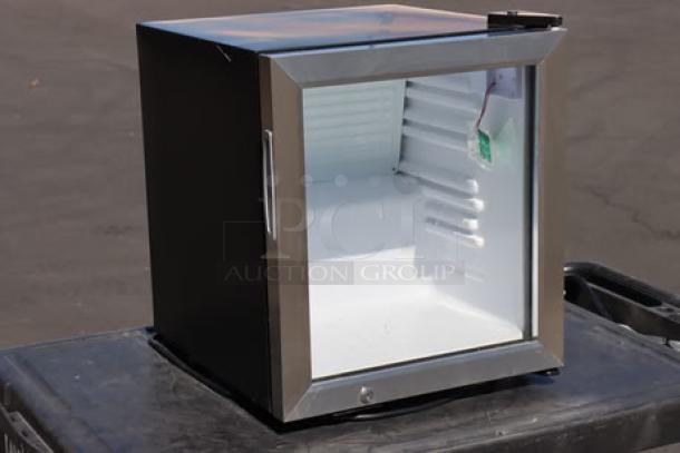 Galaxy CRG-2 countertop display fridge, black, 1.8 cu ft, customizable, stainless steel trim, brand new, minor scratches.