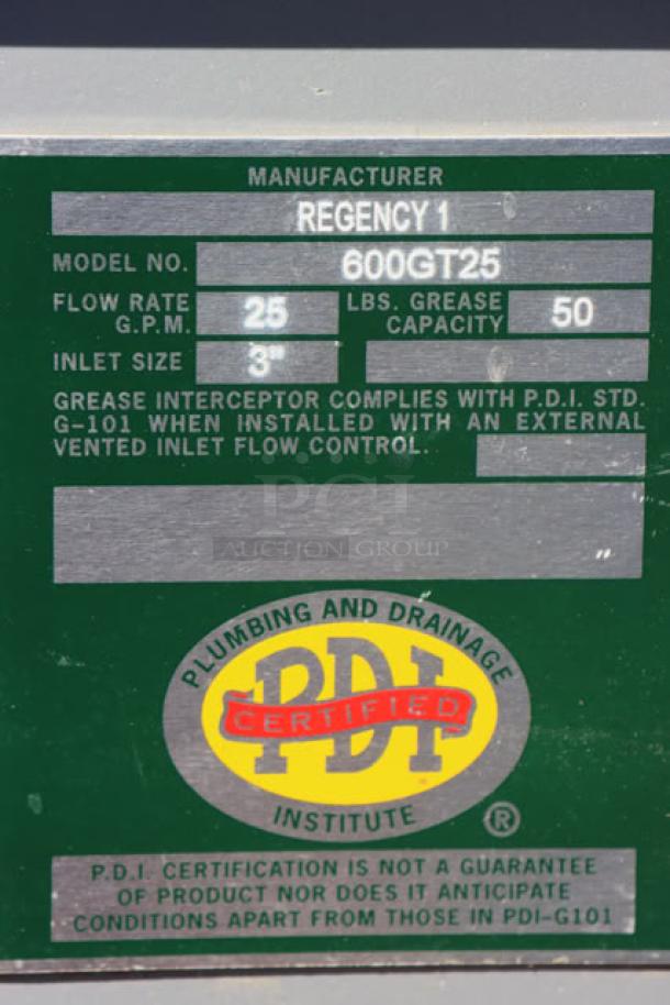 Regency 600GT25 50 lb. 25 GPM Grease Trap, 3" non-threaded connections, PDI certified, new scratch-n-dent condition.