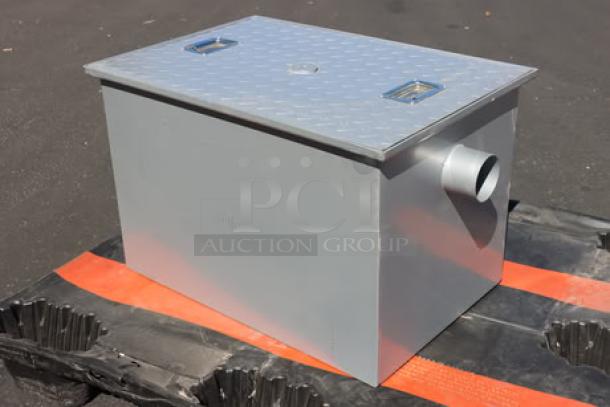 Brand new Regency 600GT25 50 lb. grease trap, 25 GPM, scratch-n-dent condition, with 3" non-threaded connections.