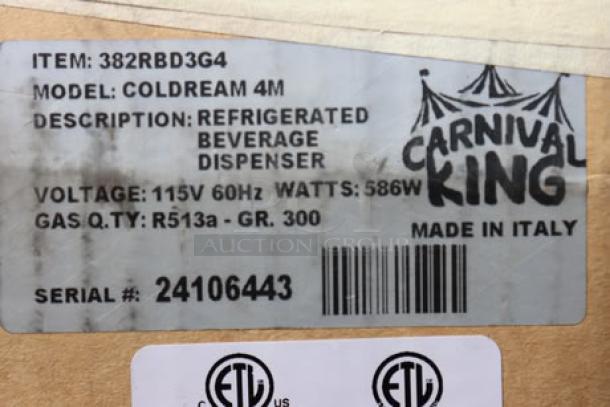 BRAND NEW SCRATCH-N-DENT Carnival King RBD3G4 Refrigerated Beverage Dispenser label, serial no. 24106443, original packaging.