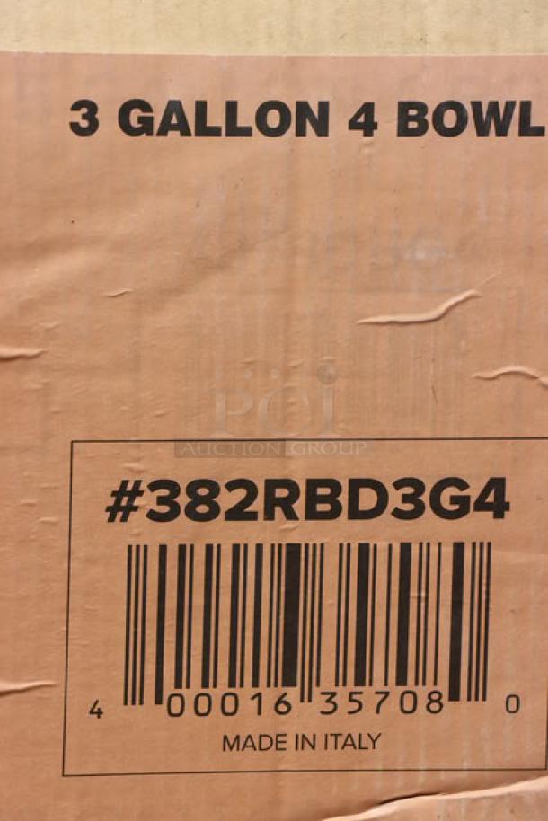 Carnival King RBD3G4 Quadruple Beverage Dispenser box, marked #382RBD3G4, 3-gallon capacity, Made in Italy. Original packaging.