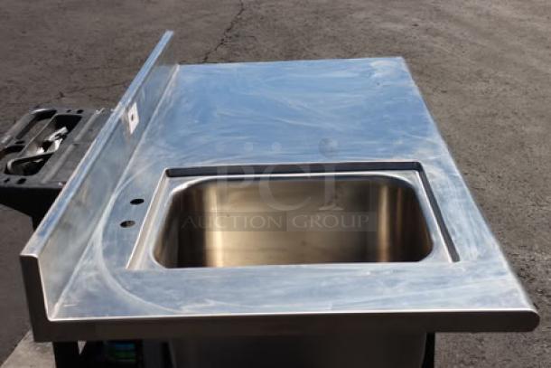 BRAND NEW Eagle Group T3060SEB-BS-E23L 30" x 60" stainless steel work table with sink on left; missing packaging, possibly small parts.