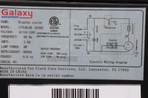 Galaxy CRG-3 display cooler label, showing model info, electrical specs, refrigerant type, and serial number.