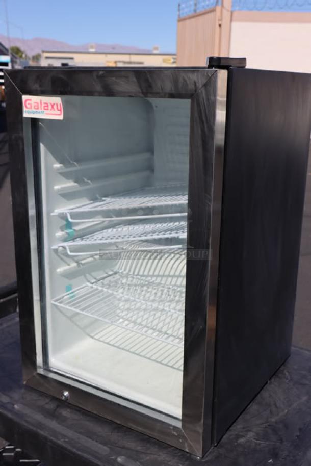 BRAND NEW Galaxy CRG-3 black customizable countertop display refrigerated merchandiser, 2.5 cu ft, 115V, minor scratches, visible Galaxy label.