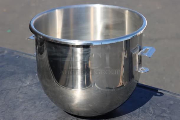 Brand new Hobart BOWL-SST220 20 Qt. stainless steel mixing bowl, polished finish, sturdy handles, durable construction.