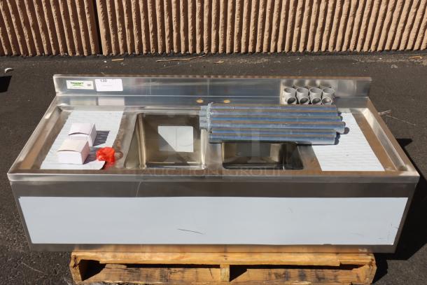 Brand new Regency 600B22148213 48" x 21" two-bowl underbar sink with 13" drainboards, missing packaging.