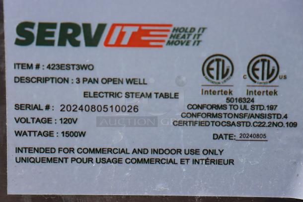 "ServIt 423EST3WO 3 Pan Open Well Electric Steam Table label; brand new, 120V, 1500W, serial 2024080510026, for commercial use."