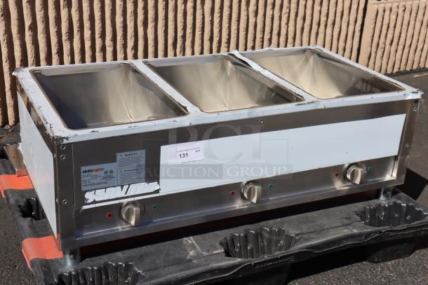 "Brand new ServIt 423EST3WO three pan electric steam table, open well design, adjustable undershelf, 120V, 1500W, scratch-n-dent."
