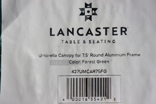 Brand new Lancaster Table & Seating 7.5' round forest green umbrella canopy for aluminum push lift umbrellas, model 427UMCAR75FG.