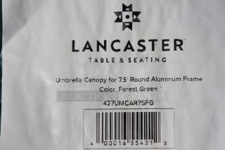 Brand new Lancaster Table & Seating 7.5' round forest green umbrella canopy for aluminum push lift umbrellas, model 427UMCAR75FG.