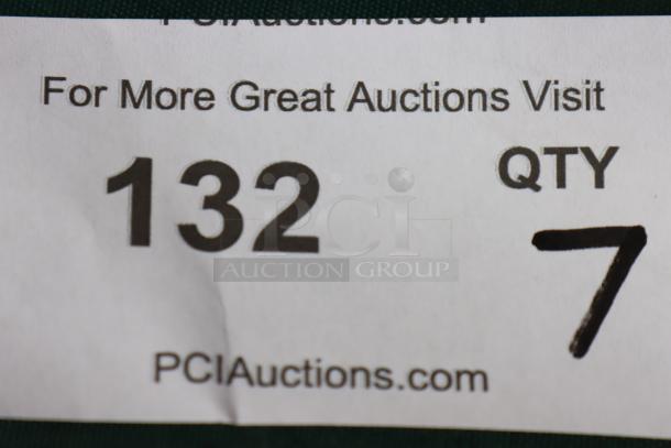 Auction tag 132 with quantity 7 for Lancaster Table & Seating 7 1/2' round forest green umbrella canopy, model 427UMCAR75FG.