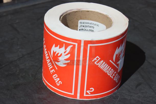 Lavex 4" x 4" flammable gas label roll, 500 labels, model 323SHIP4X4NF, new condition, red with white text.