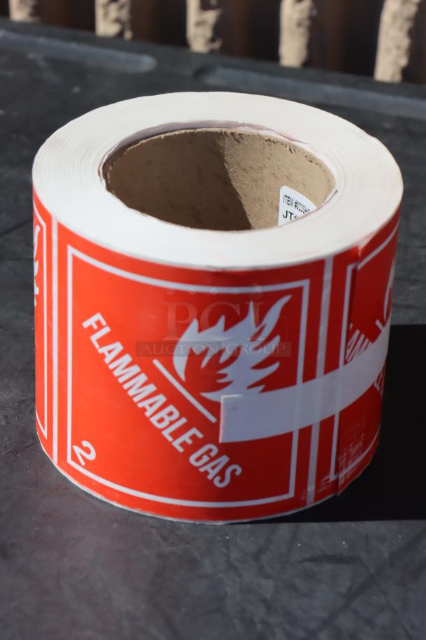Brand new Lavex 4" x 4" Flammable Gas labels, gloss paper, permanent adhesion, 500 labels per roll, Model 323SHIP4X4NF.