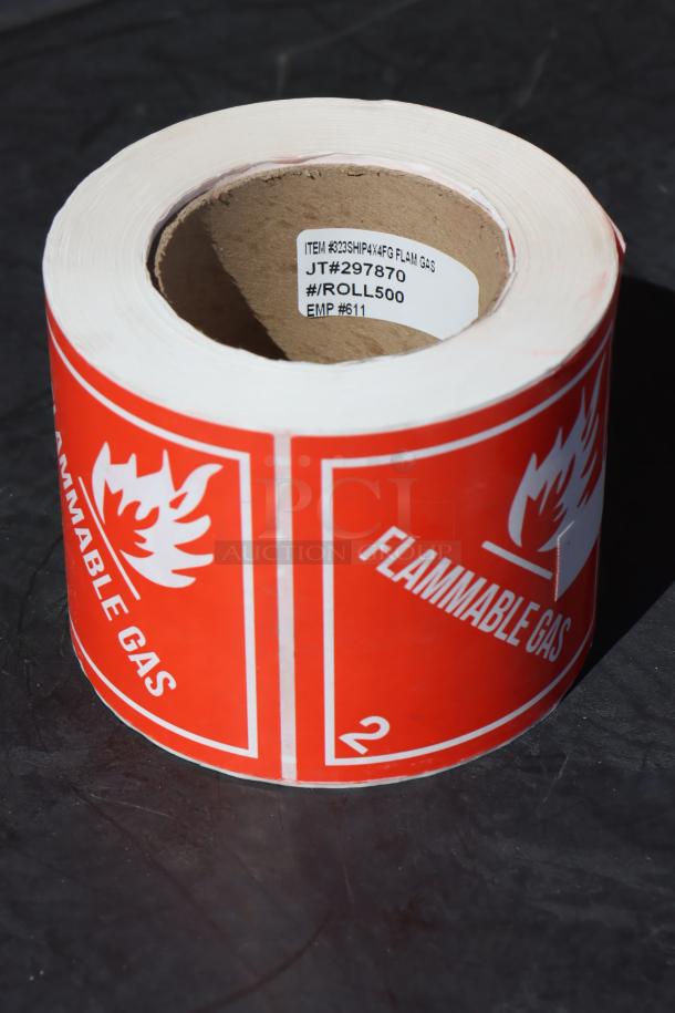 Lavex 4"x4" Flammable Gas label roll, model 323SHIP4X4NF, 500 labels, vibrant red, permanent, brand new.
