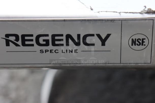 Regency Spec Line logo on stainless steel work table model 600TSSB30120, NSF certified.