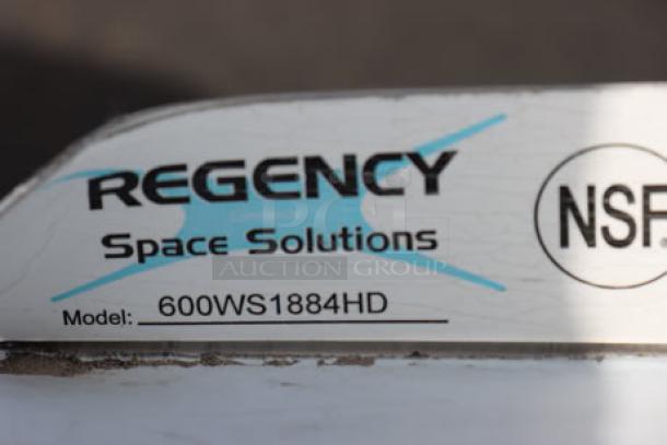 Regency 600WS1884HD wall shelf label, "Space Solutions" text, NSF mark; 16 gauge stainless steel, 18"x84", scratch-n-dent condition.
