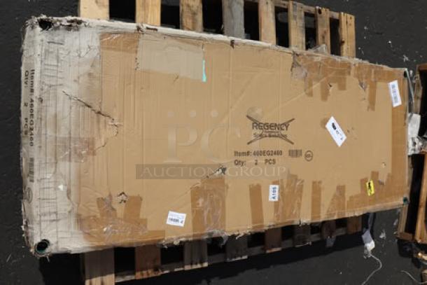 Brand new Regency 460EG2460 24"x60" NSF green epoxy wire shelf box with two pieces. Packaging is damaged.