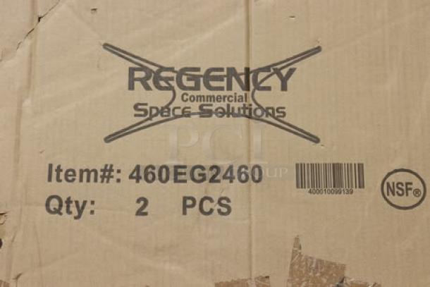 Box with two Regency 460EG2460 24"x60" NSF green epoxy wire shelves, packaging is damaged, brand and model visible.