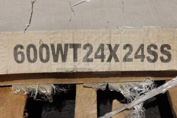 Regency 600WT24X24SS box showing model number, for a 24" x 24" 16-gauge stainless steel commercial work table.