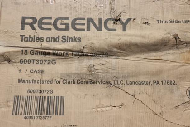 Regency 600T3072G work table packaging, showing model info, 18-gauge, stainless steel, new scratch-n-dent condition, barcode.