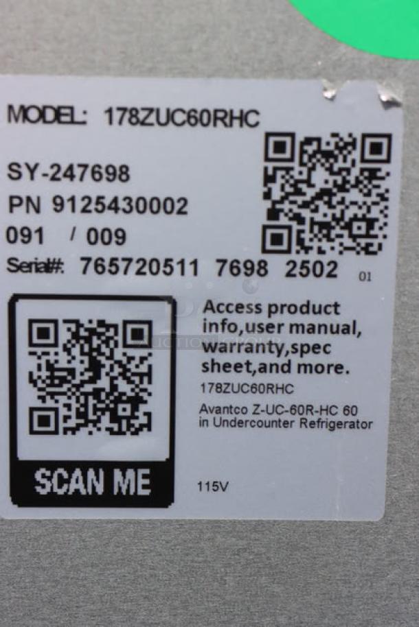 Avantco ZUC-60R-HC 60" undercounter refrigerator label, serial no. 765720511. Includes QR codes and 115V detail.