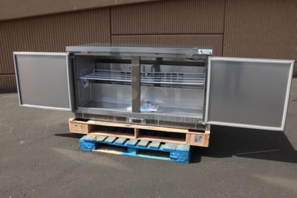 Avantco ZUC60RHC 60" undercounter refrigerator, new, out of packaging, front breathing, open doors, on pallet.