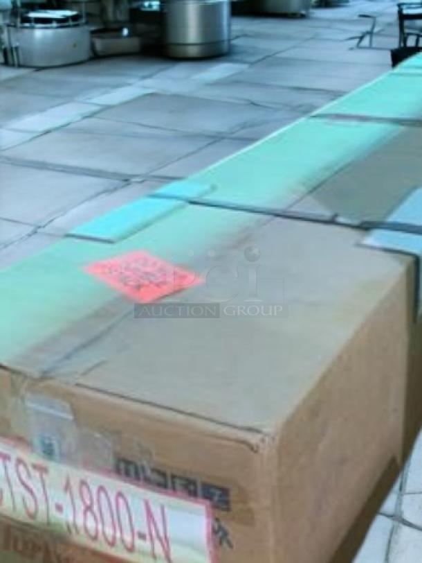 Brand new Atosa CTST-1800-N refrigerated countertop prep rail in packaging, 115V. Box labeled with model name and details.