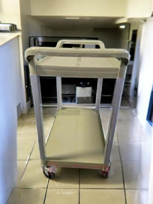 Brand new Choice large 2-shelf utility bus cart, gray, heavy-duty, easy assembly, featuring sturdy construction and swivel casters.