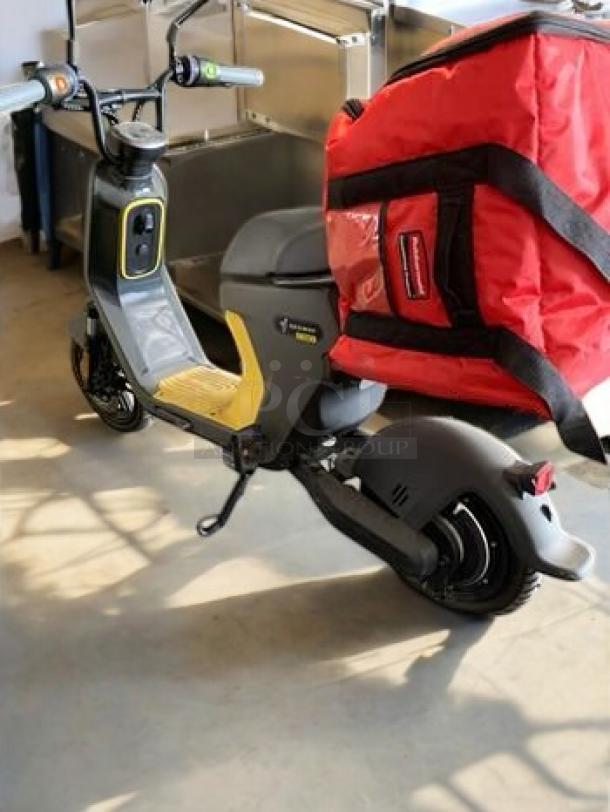 Segway Ninebot C80 Electric Moped Scooter in superb condition, 750W motor, 55.6V, featuring a bright red delivery bag.