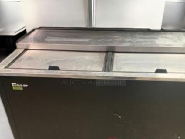 Turbo Air TBC-50SB-N6 50" bottle cooler in superb condition, black exterior, dual sliding lids, fully tested and working, 115V.