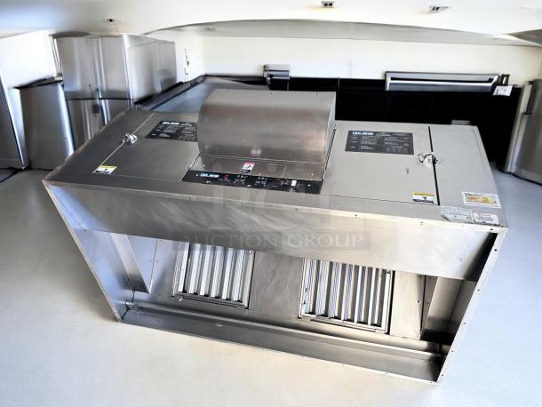 "Immaculate Giles FSH-6 ventless hood system with 72-inch stand, fully tested, 208-240V, labels indicate operating instructions."