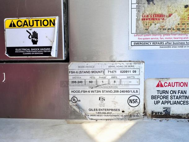 Giles FSH-6 Ventless Hood System in immaculate condition, 72" stand mount, 208-240V. Fully tested. Labels show model and safety warnings.