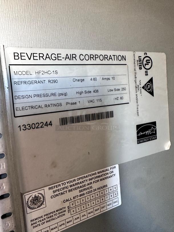 Beverage-Air HF2HC-1S freezer label, Energy Star rated, 115V, model details: R290 refrigerant, 10 amps, commercial use.