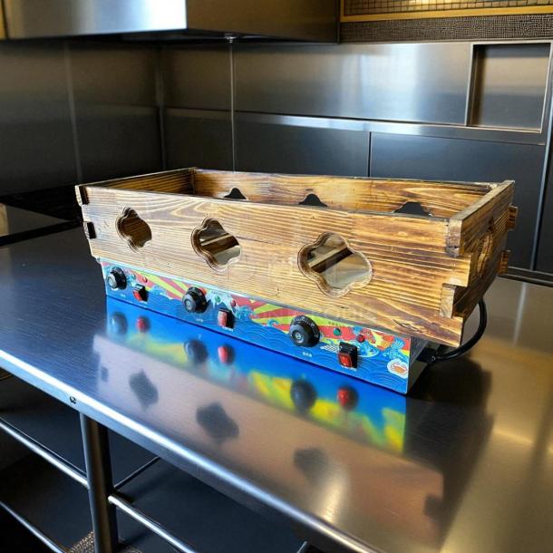RJ-27GE Japanese Electric Yakitori Grill, outstanding condition, 110V, wood casing, tested and working, vibrant control panel.