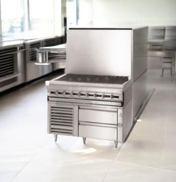 Southbend S36D 6-burner gas range with oven and refrigerated base; outstanding condition, fully tested, natural gas.
