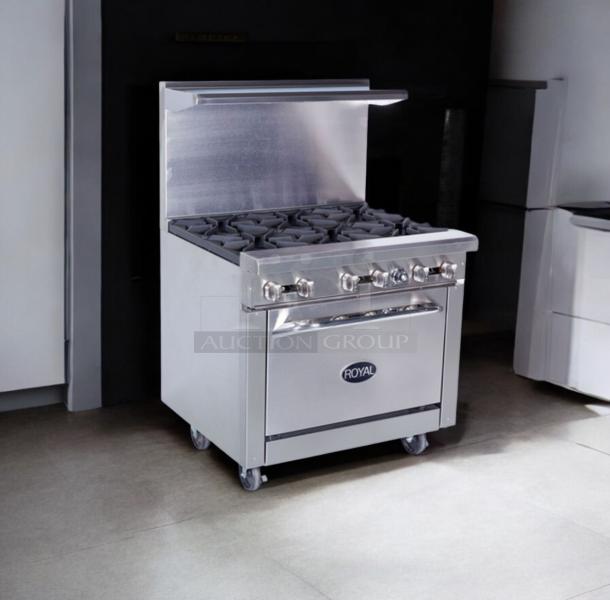 Royal Range RSR-24, 4-burner natural gas range with oven base in outstanding condition. Fully tested, silver finish.
