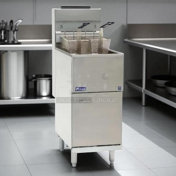 Pitco SG14-S stainless steel floor fryer, 40-50 lb. capacity, 110,000 BTU, fully tested and working, in a commercial kitchen setting.
