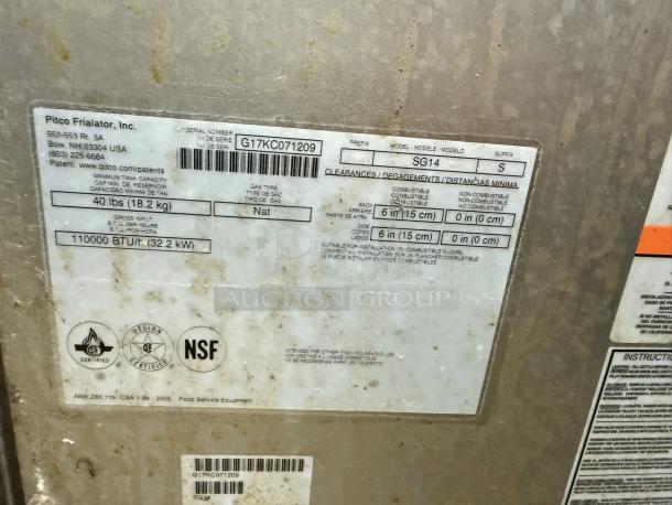 Stainless steel label of Pitco SG14-S gas fryer, showing specs: 40-50 lb capacity, 110,000 BTU, NSF certified, fully tested.