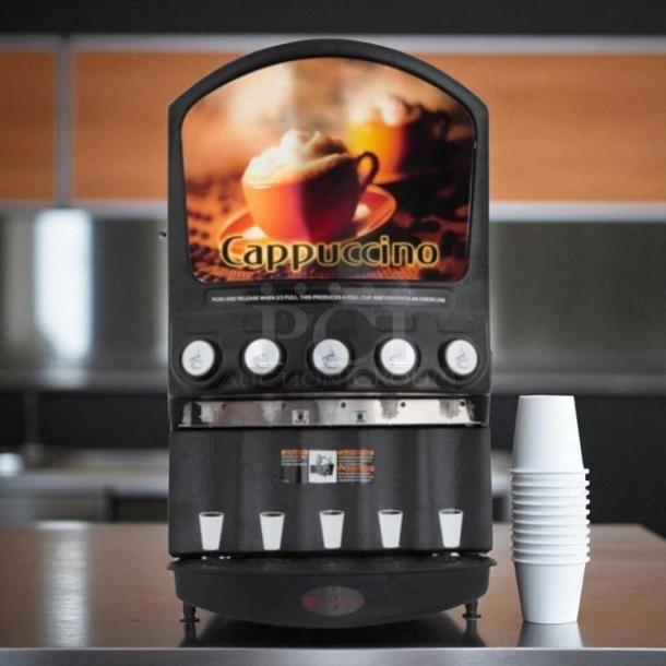 Grindmaster PIC5 five-flavor beverage dispenser in outstanding condition, featuring cappuccino image, tested and working, 120V.