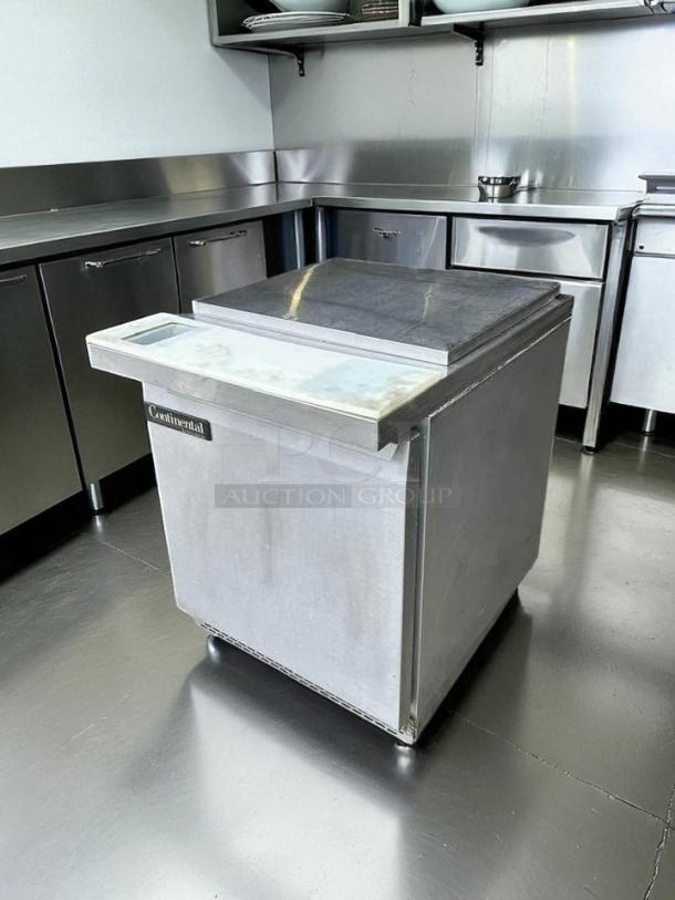 Continental Refrigerator SW27-12M sandwich prep table in superb condition, stainless steel, single door, 115V, tested and working.