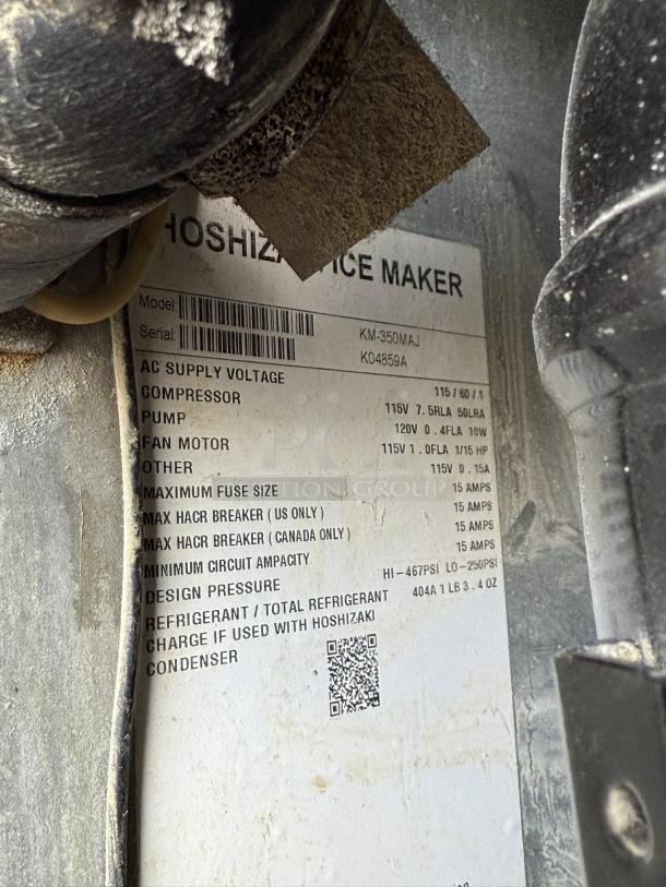 Hoshizaki KM-350MAJ Ice Maker label displaying model, voltage, and specifications; item in outstanding condition.