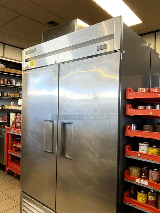 True T-43-HC double door commercial refrigerator. Prime condition, fully tested, stainless steel, 115V, True logo visible.