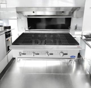 Atosa ATRC-36 gas charbroiler, 36-inch, superb condition, four control knobs, tested and working, stainless steel finish.
