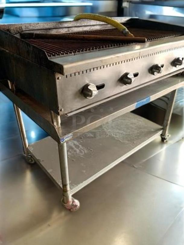 Atosa ATRC-36 36-inch heavy-duty gas charbroiler in superb condition, with control knobs, on metal cart, fully tested.