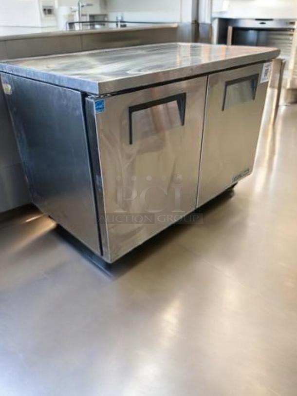 True TUC-48-HC undercounter refrigerator in immaculate condition, stainless steel, two-door model, 115V, fully tested, True Manufacturing.