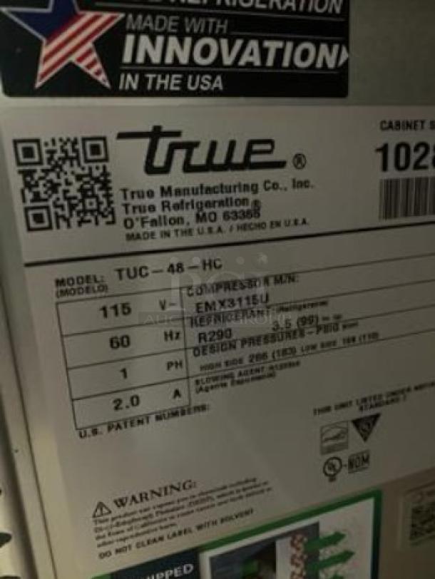True TUC-48-HC undercounter refrigerator label detailing model, voltage, and specifications. Immaculate condition, fully tested.