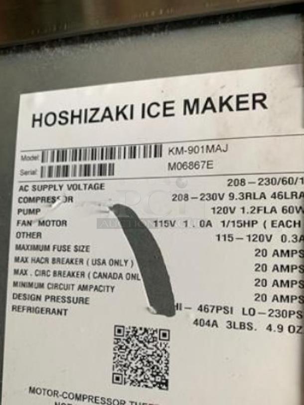 Label of Hoshizaki KM-901MAJ Ice Maker, showing specifications and model details. Fully tested, 208-230V operation.
