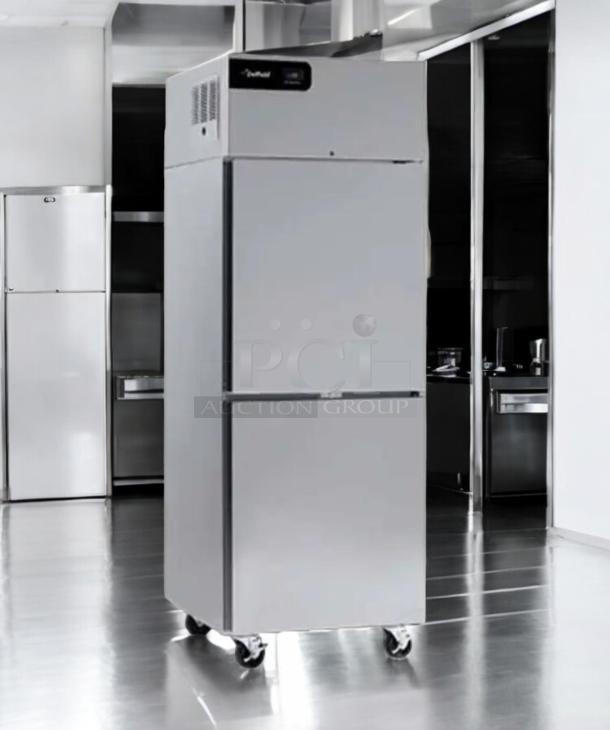 Manitowoc/Delfield GBF1P-S-IJ single door freezer, superb condition, 115V, tested and working, stainless steel, on casters.