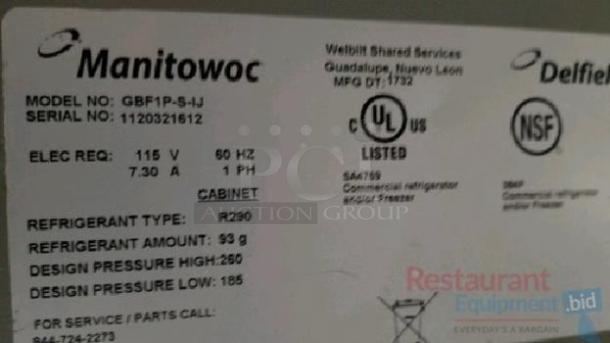 Manitowoc/Delfield GBF1P-S-IJ single door freezer label, showing model, 115V power, refrigerant type R290, NSF certified.