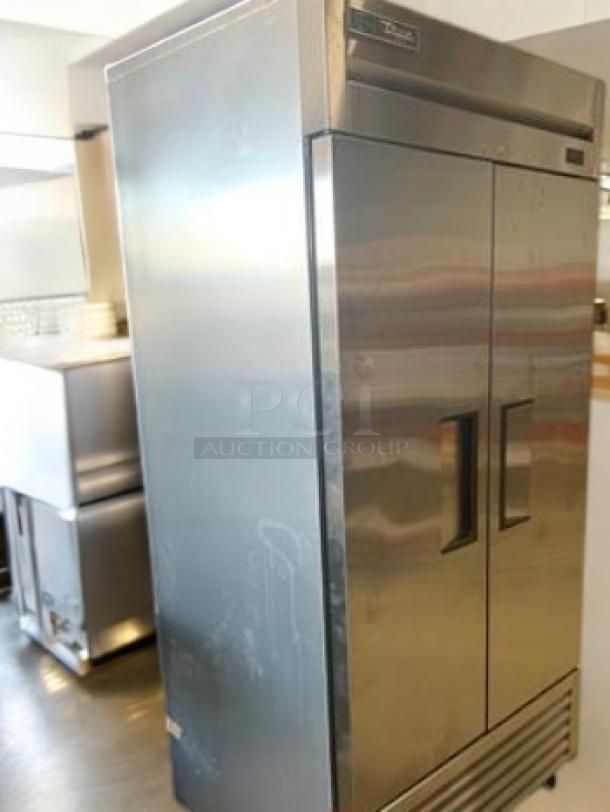 True T-35F-HC double solid door reach-in freezer, superb condition, stainless steel, 115V, tested, two-door model.